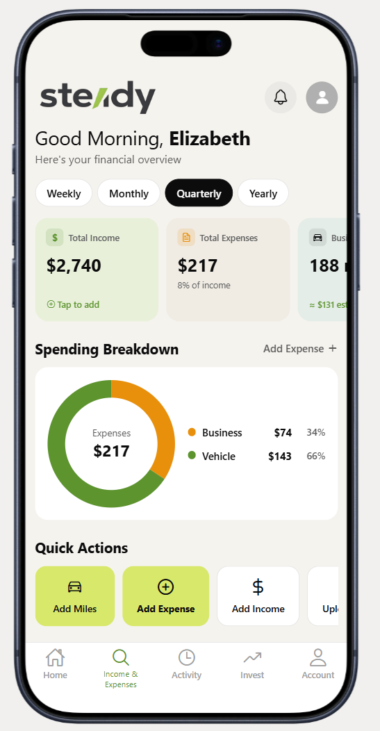 Steady income and expense tracking screen with spending breakdown and quick actions